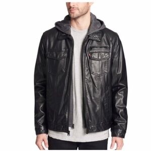 Levi’s Men’s Faux Leather Fleece Hoodie Trucker Jacket Black Large